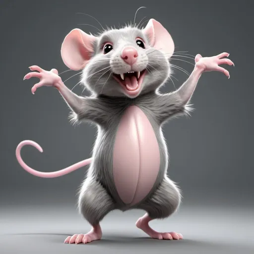 Prompt: Detailed 3D rendering of a smiling gray twister rat dancing on two feet, with a pink nose, white paws, and a belle, high-quality, 3D rendering, detailed fur, whimsical, bright and cheerful, pink and gray tones, dynamic lighting
