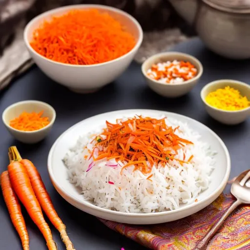 Prompt: an image of a delicious plate of ghee rice in white color with small pieces of carrot and onions in it, beautifully presented with vibrant colors and appetizing details.