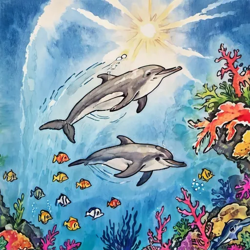 Prompt: Create an image of a vibrant underwater scene with a clear split composition showcasing both above and below the water surface. Above the water, include a bright blue sky with scattered clouds and a radiant sun casting beams of light. Below the surface, depict a diverse marine life in crystal clear water, featuring two dolphins leaping out of the water in tandem, surrounded by various colorful tropical fish swimming among vivid coral reefs. The overall atmosphere should convey the dynamic beauty of ocean life under the glow of sunlight.