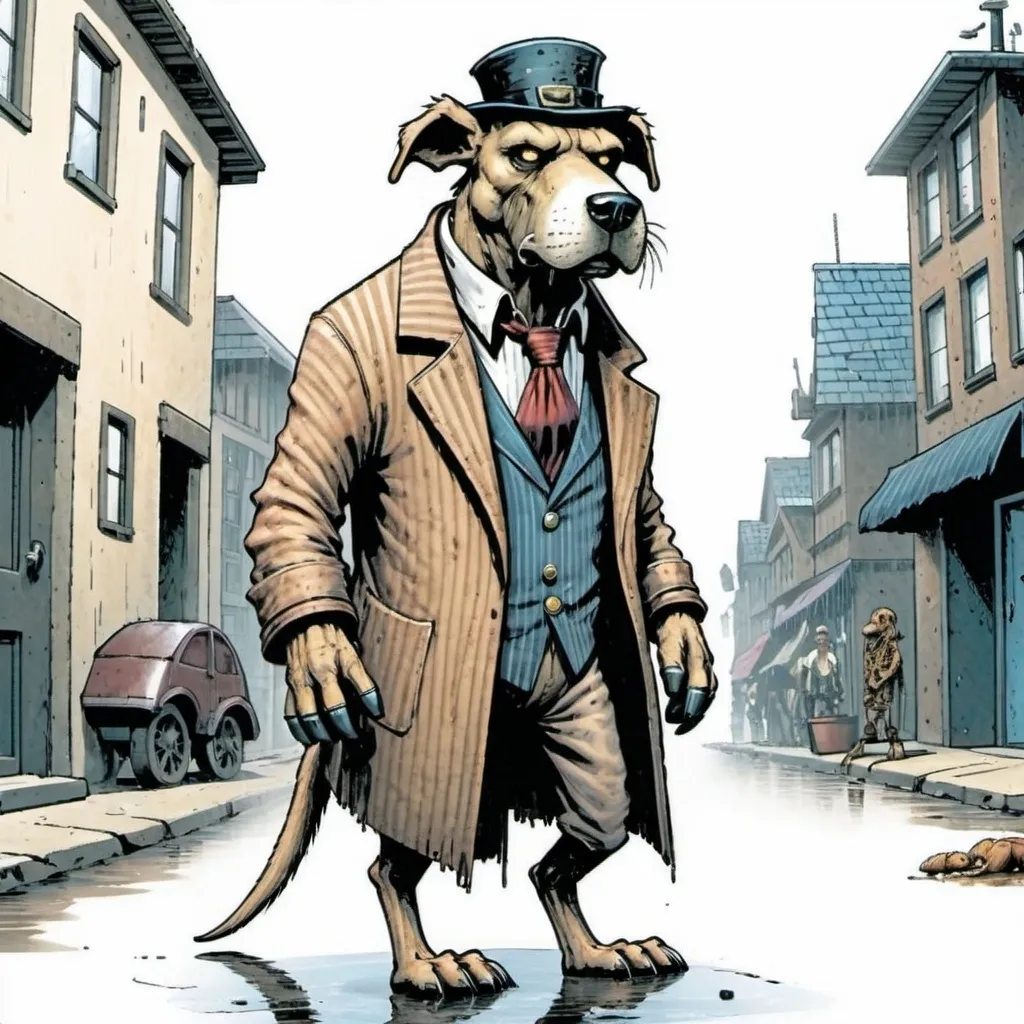 Prompt: a humanoid dog is standing in a retro-futuristic small city street in sweden year 2050 after a catastophy. It is raining lightly, 
The humanoid dog is shady. The humanoid dog is wearing a striped sweater and has no tie or shirt. The dog is unwashed and mix bread and have very thick fur. The image is dull. 
The city is dirty and has a lot going on with both humans and other humanoid animals in the background.
The dog is rough, the clothes are worn. He has no shirt or tie but more mad max like clothes.