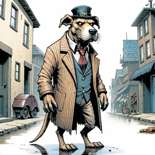 Prompt: a humanoid dog is standing in a retro-futuristic small city street in sweden year 2050 after a catastophy. It is raining lightly, 
The humanoid dog is shady. The humanoid dog is wearing a striped sweater and has no tie or shirt. The dog is unwashed and mix bread and have very thick fur. The image is dull. 
The city is dirty and has a lot going on with both humans and other humanoid animals in the background.
The dog is rough, the clothes are worn. He has no shirt or tie but more mad max like clothes.