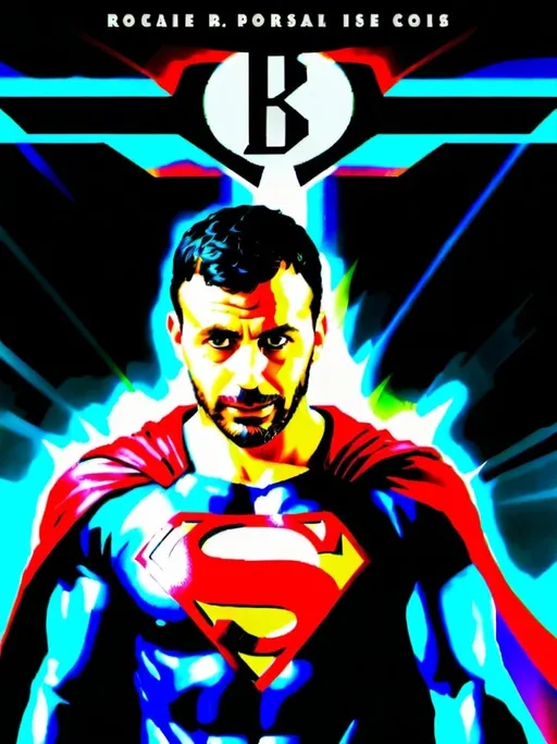 Prompt: A movie poster of a hyper realistic super hero with a B symbol on his chest