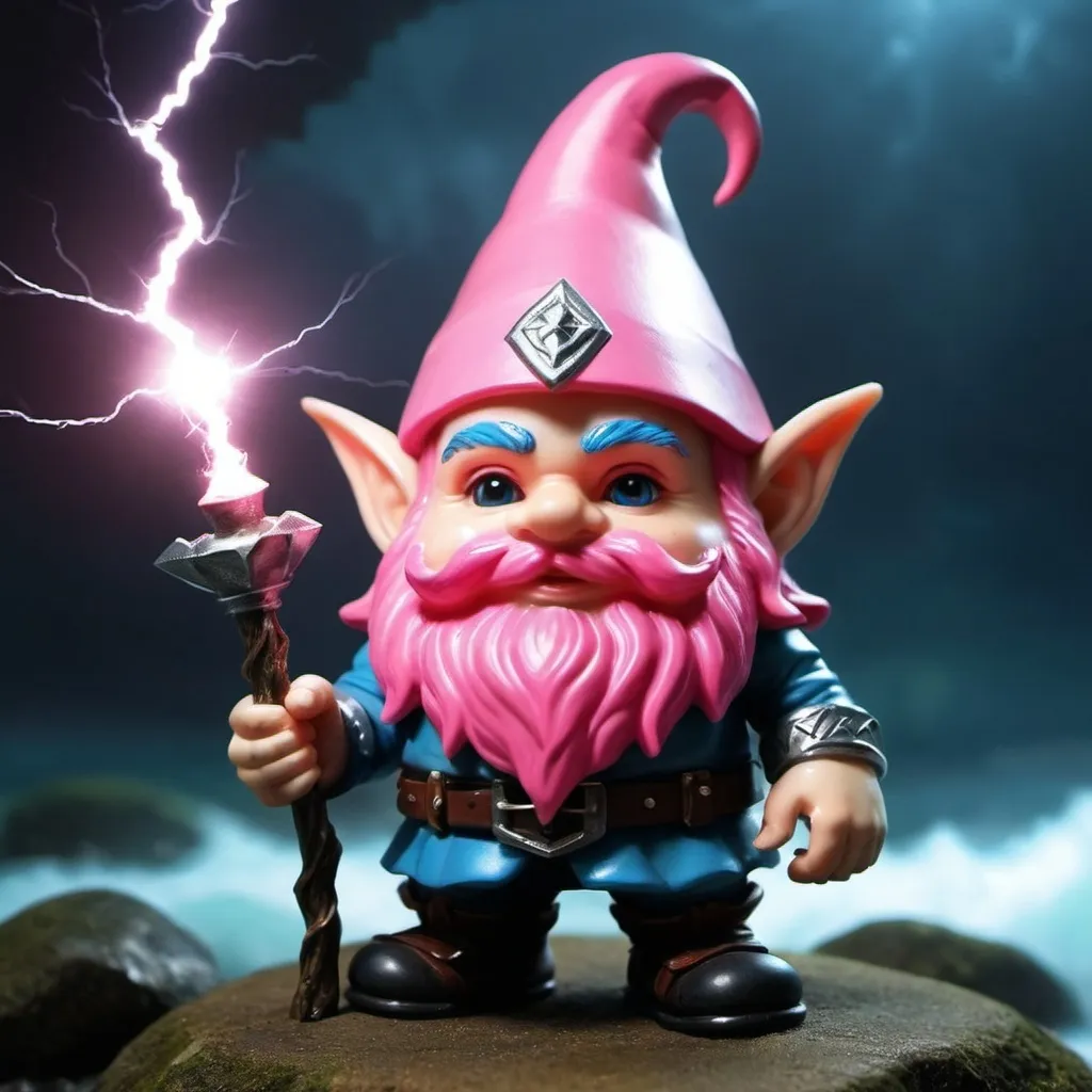 Prompt: Make a gnome with a pink little triton and make him so powerful that he has lightning