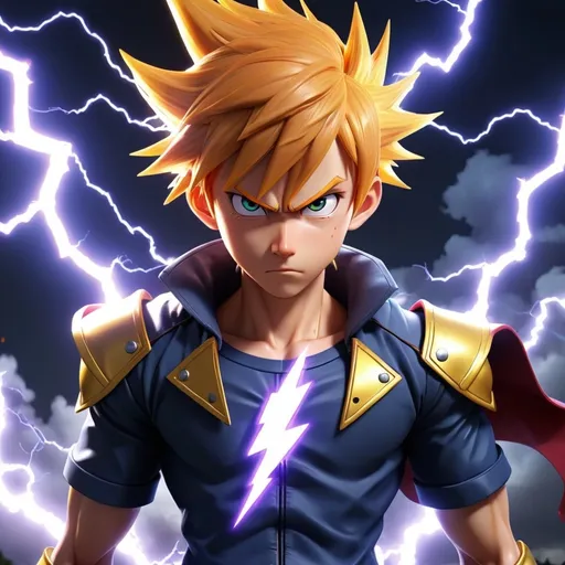 Prompt: Make a anime boy with lightning powers he becomes so powerful that the whole world explodes