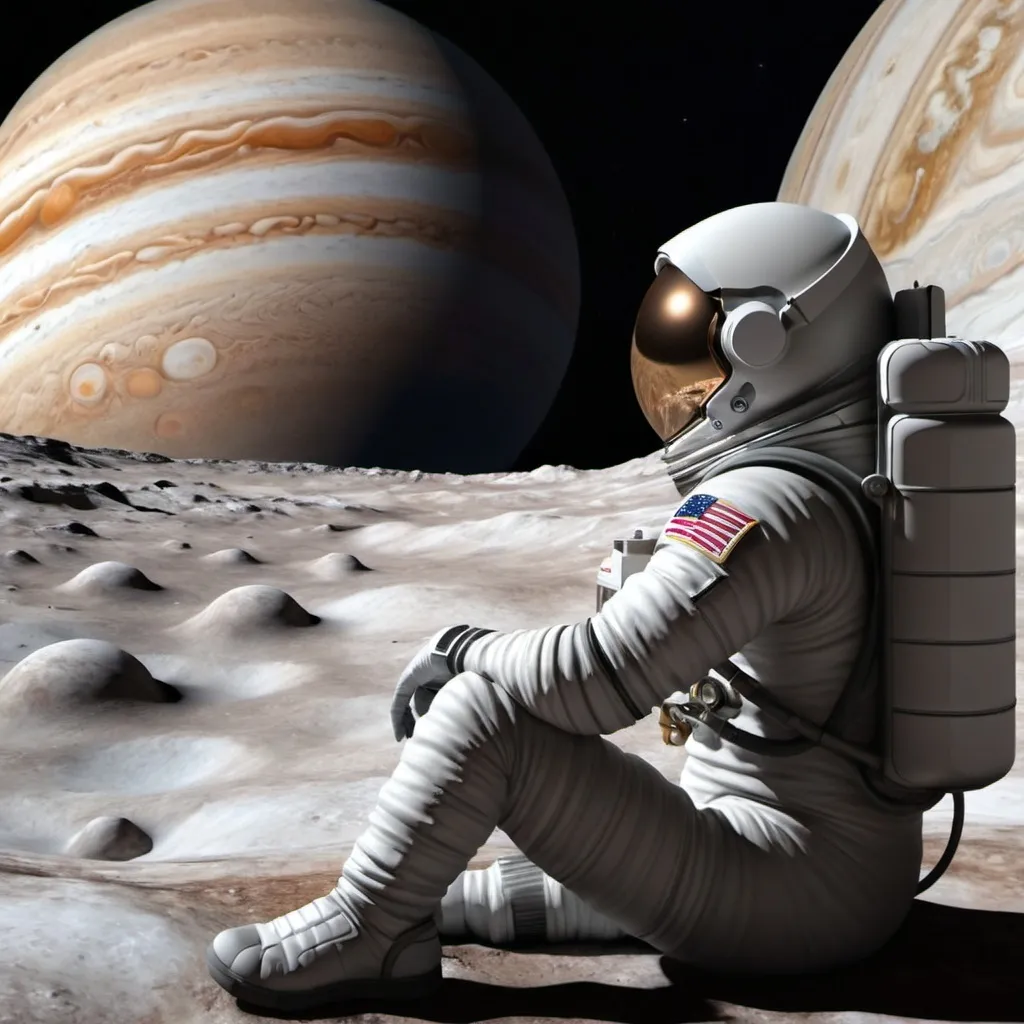 Prompt: An Astronaut sitting, looking at Jupiter from Europa's surface. Contemplating life.