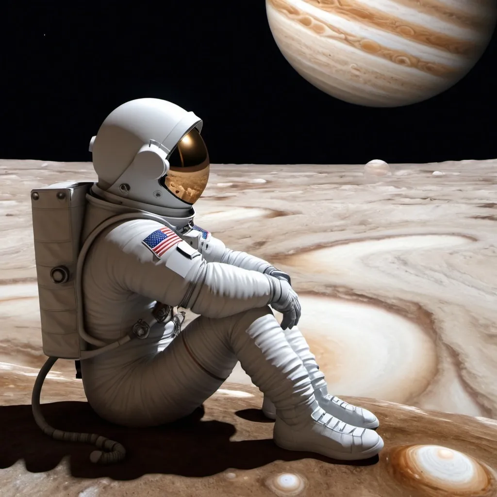 Prompt: An Astronaut sitting, looking at Jupiter from Europa's surface. Contemplating life.