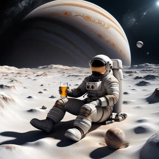 Prompt: Astronaut chilling on Europa with a beer staring at Jupiter.