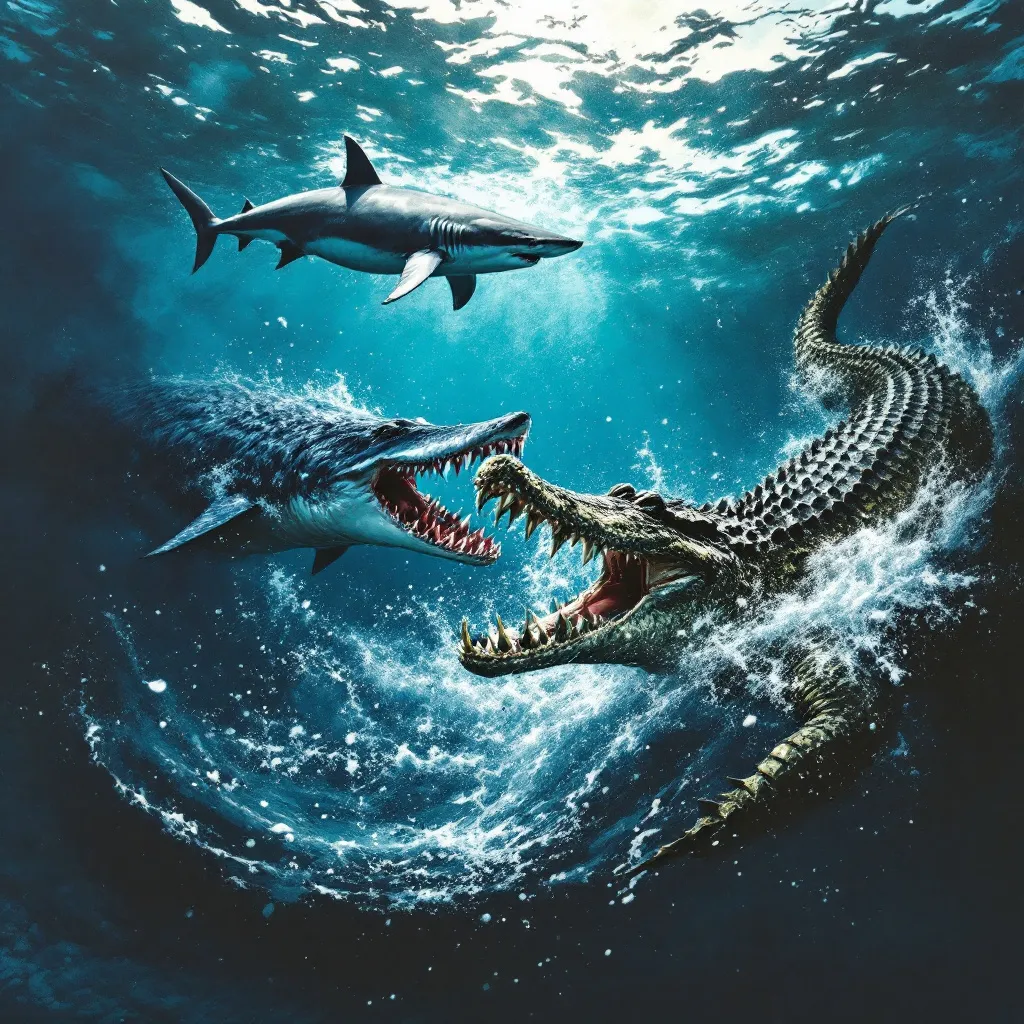 Prompt: tiefblauer ocean mit einem Haifisch, welcher einen Kampf mit einem Krokodil ausficht und einem Menschen, welcher zwischen die beiden kämpfenden gerät