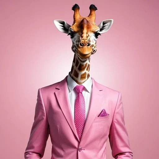 Prompt: create a mega realistic giraffe in a pink suit with a pink tie and a white shirt, full body smiling and wearing a disco ball hat