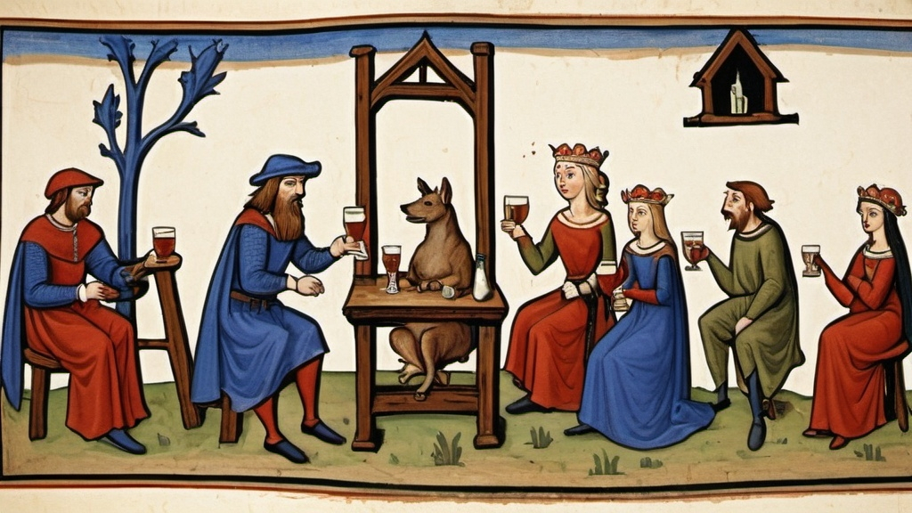 Prompt: men, women and animals as medieval drinkers, in style of codex buranus