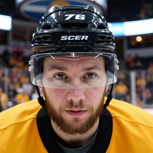 Prompt: @gbfzqcyZOaFP8v2roKc7 playing hockey. He has a half visor and is a close up shot of him before taking a face off. He is wearing a black hockey helmet and a yellow jersey.