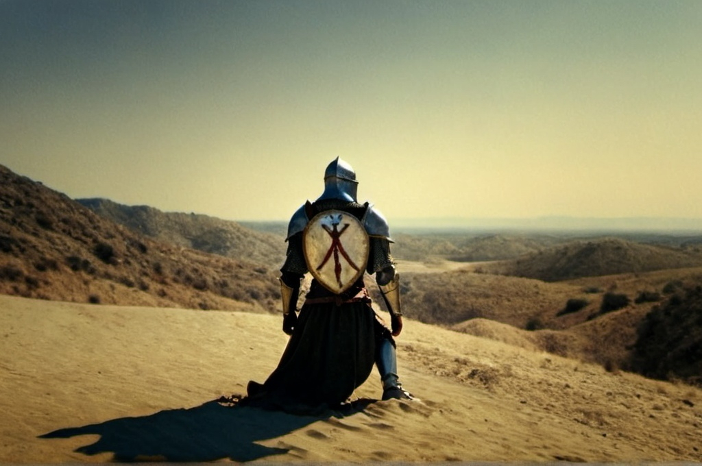 Prompt: A  crusader from medieval age standing alone in the dessert, holding sword and shield, with collapsed armor, kneeling on the ground and staring at the sandy hills. vintage style, Leonardo da Vinci style, view from behind, dark soul, elder ring style, yellow and blurring color for the sandy hills. small the appearance of knight and big the view of background appearance