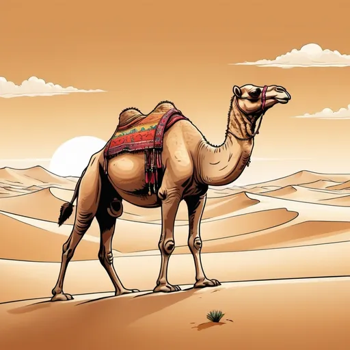 Prompt: A camel rising over the dunes of the desert comic