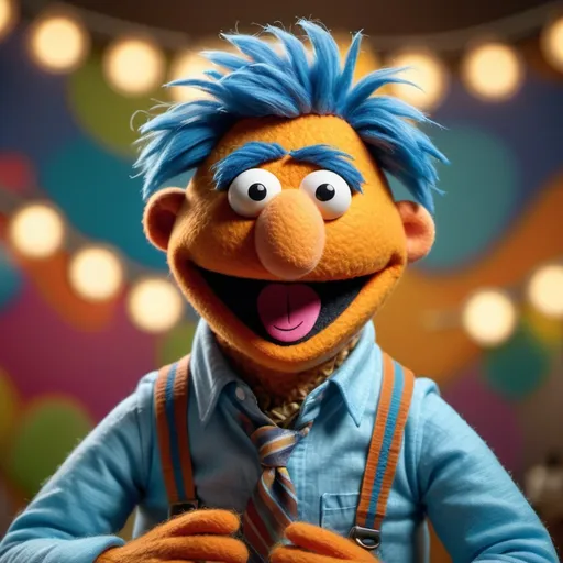 Prompt: (furry felt texture muppet character), (middle-aged) figure, closely shaved brown beard, short blue hair, blue long sleeved shirt, arms folded, joyful expression, vibrant colors, playful atmosphere, cut out against a whimsical Muppet-like background, bright and cheerful lighting, high-quality render, 4K resolution, detailed textures.