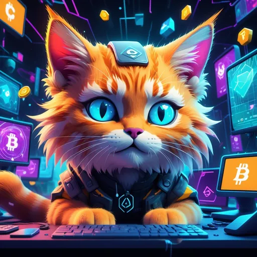 Prompt: (cute cat in crypto trenches), vibrant colors, dynamic scene, (playful expression), engaging in could visuals, detailed character fur texture, surrounded by colorful crypto symbols and activated screens, intense lighting, high-detail visuals, capturing the whimsical and adventurous atmosphere, sharp focus on details, (imaginative twist) on traditional investment themes.