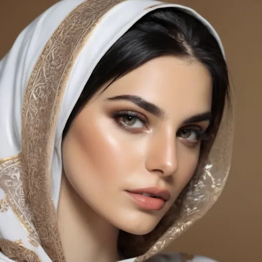 Prompt: A female model for promoting smooth and beautiful skin with Iranian ethnicity