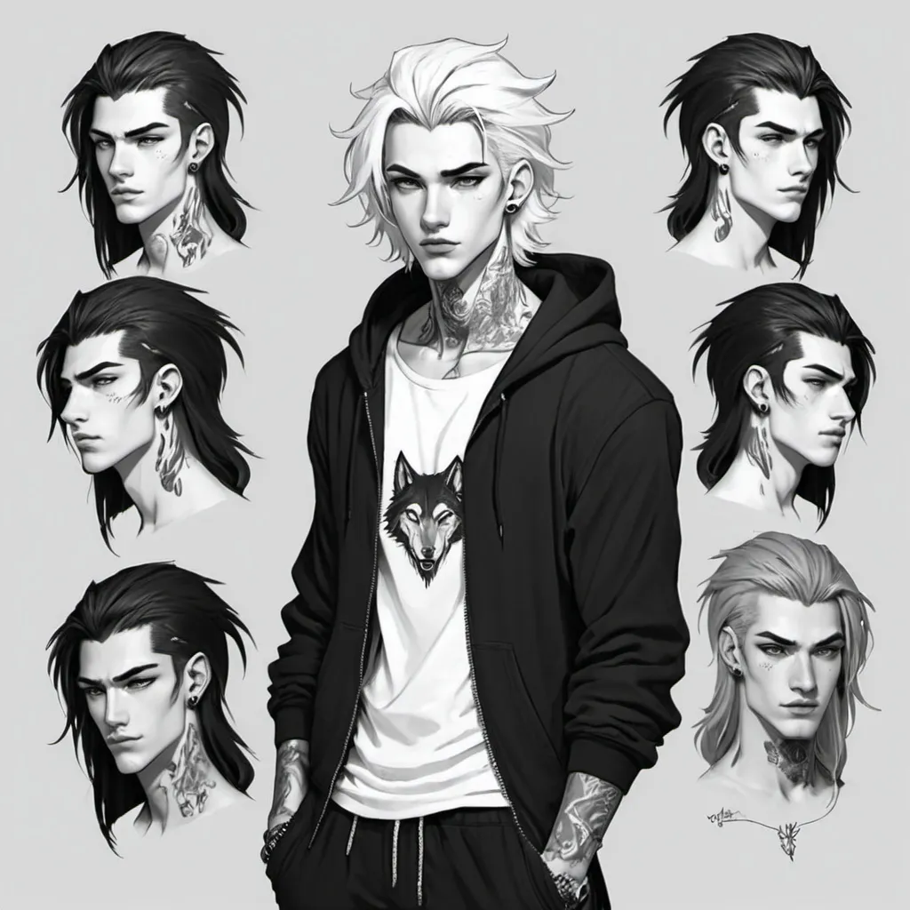 Prompt: Character design sheet man, black and white hair split, long wolf cut hair styles, color background, Tattoos, piercings, black hoodie, young, twink