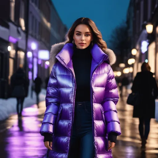 Prompt: Women wearing purple long puffer jacket on urban street, winter fashion, streetwear, high quality, realistic, cool tones, atmospheric lighting, detailed fabric texture, stylish, city lights casting a cool glow, urban, detailed face, professional, fashion illustration, winter vibes