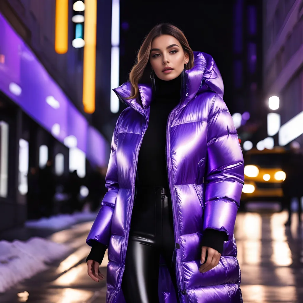 Prompt: <mymodel>Women wearing purple shiny long puffer jacket on urban street, winter fashion, streetwear, high quality, realistic, cool tones, atmospheric lighting, detailed fabric texture, stylish, city lights casting a cool glow, urban, detailed face, professional, fashion illustration, winter vibes