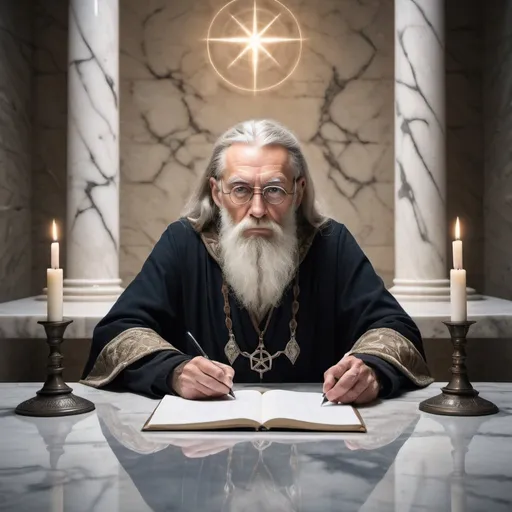 Prompt: Symmetrical Headshot, sitting at marble stone table, taking notes on parchemin,minimalist futuristic esoteric room , elderly aged bearded military wizard, mystical robe army uniform, Specialist in paranormal activity and supernatural phenomena and magick
