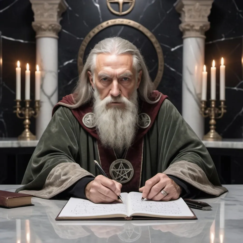 Prompt: Symmetrical Headshot, sitting at marble stone table, taking notes on parchemin,minimalist futuristic esoteric room , elderly aged bearded military wizard, mystical robe army uniform, Specialist in paranormal activity and supernatural phenomena and magick