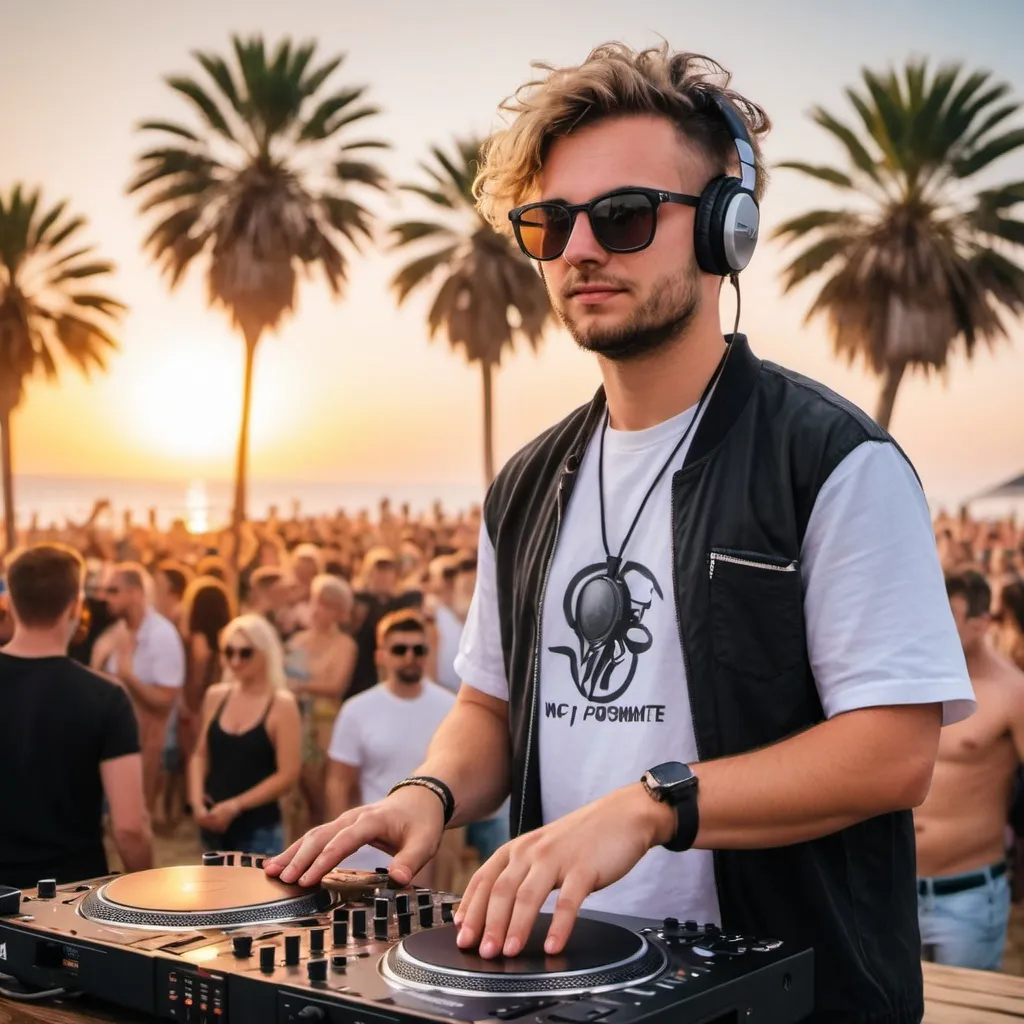 Prompt: Maak foto van alleen de DJ (zonder andere mensen of NPC op de foto) met een haircut en zonnebril en koptelefoon draagt en die zijn werk doet op een podium voor een DJ-setup op een Beachparty / festival met palmbomen en zonsondergang. en de van de vooraanzicht