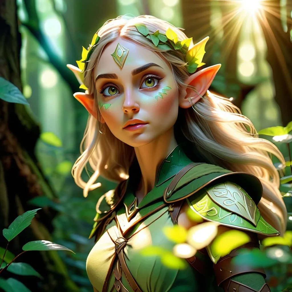 Prompt: Elf ranger in a mystical forest, sunlight filtering through the canopy, high quality, fantasy, detailed facial features, mystical atmosphere, earthy tones, ethereal lighting, 3D rendering, magical aura, intricate details, professional, enchanting, fantasy, woodland, detailed eyes, mystical, sunlight filtering, earthy tones, ethereal lighting