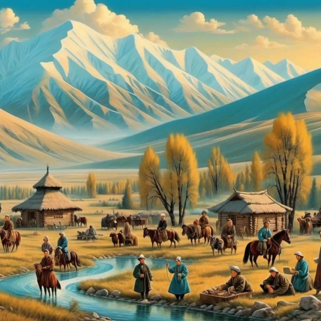 Prompt: kazakh language and literature wallpaper with beautiful kazakh nature and nation people in 19th century