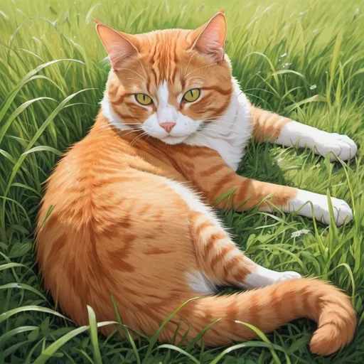 Prompt: An orange cat, realistic anime painting, laying in a grass field with his tummy facing up