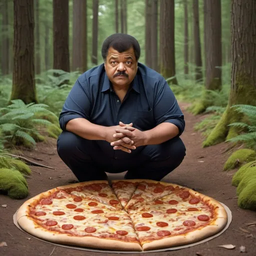 Prompt: Obese fat Neil deGrasse Tyson in a forest near a big pizza on the floor. Danger signals around 
