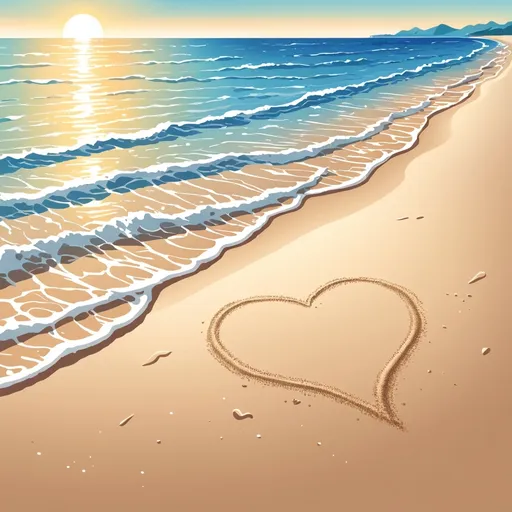 Prompt: drawing of a heart in the sand, beach with waves, with light and outlined colors