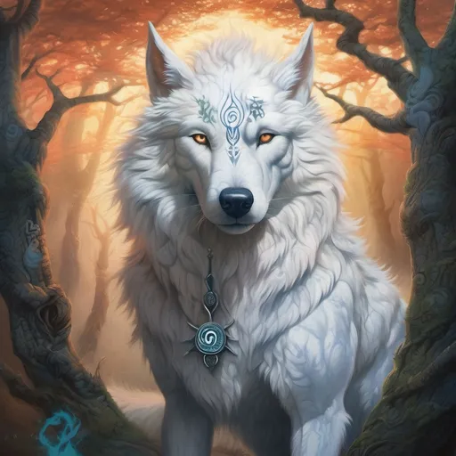 Prompt: Oil painting of a (mystical) white-furred one-eyed dire wolf, okami (scarred) with a closed eye, adorned with (ethereal glowing) Nordic runes covering its paws and body. Set against a (detailed) Yggdrasil background, showcasing the (majestic) world tree. Atmosphere imbued with (mythical) and (intense) ambiance, capturing the essence of Norse mythology. High quality, ultra-detailed art, evoking a sense of (ancient mystery) and (legend).