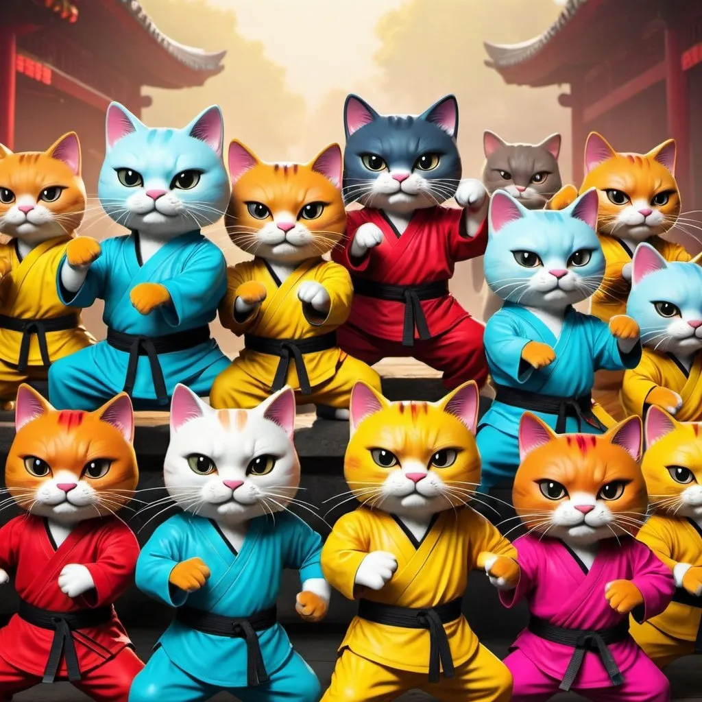 Prompt: Create a whole lot of kung fu cat warriors in bright colours training together