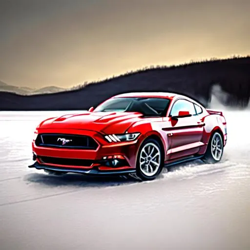 Prompt: car red Ford mustang drifting on frozen lake in 2K resolution


