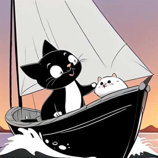 Prompt: extremely simple, cartoon style, Un delfín bebé y un gato bebé navegando en un barco de vela, coloring book, black and white