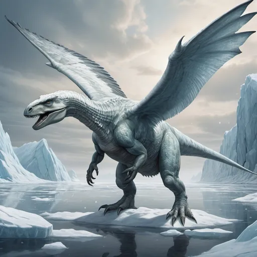 Prompt: Polar-dwelling, prehistoric-like creature with reptilian features, amphibious capabilities, arctic landscape, icy waters, dinosaur-inspired, flying, detailed scales, snowy terrain, majestic wingspan, high quality, digital art, icy tones, atmospheric lighting