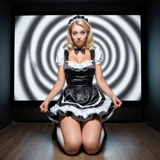 Prompt: Beautiful blonde girl in her 20s, wearing a french-maid costume, kneeling with her legs spread in a dark room and watching big screen with a black and white spiral.