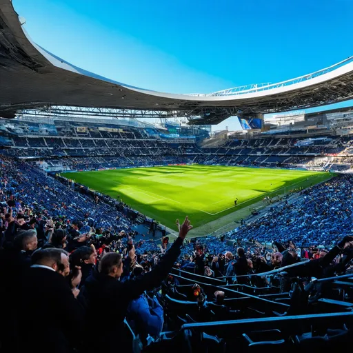 Prompt: (vibrant preview of a football scene), (outer visualization of the 120,000-seat Etihad Stadium), (ultra-modern design), (architectural grandeur and beauty), (Pervsplis club emblem elements), stunning lighting, bright blue sky, thrilling and energetic atmosphere, (high quality 4K), unique insight into fan presence, dynamic crowd interactions, cinematic composition, intricate details showcasing excitement and unity in sports.