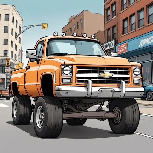 Prompt: draw in a cartoonist style. a jacked up Chevy truck with it's front wheels off the ground at a busy city intersection. Make the headlight's eyeballs and the whole truck kind of anthropomorphized.