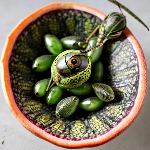 Prompt: grasshopper eye spot pattern on fruit in a bowl. 

