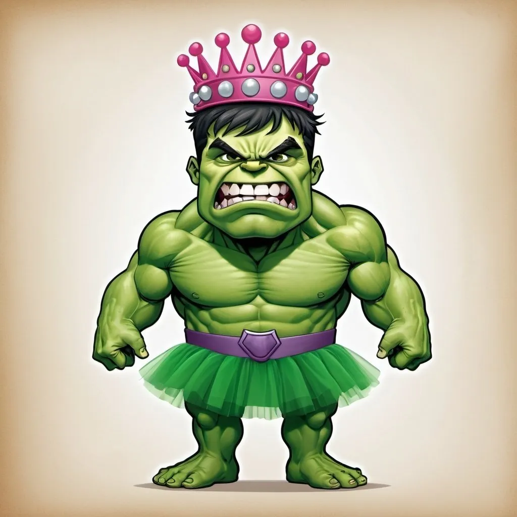 Prompt: Create a full length hulk in a tutu and crown, for a 3 year old girl's birthday invitation. make it a cartoon type of image