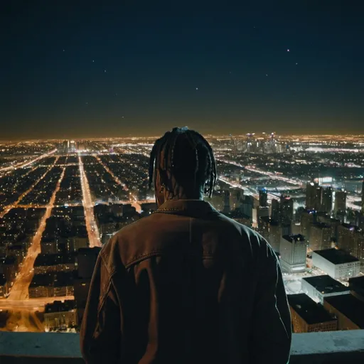 Prompt: Behind shot of Travis Scott gazing into the night sky over a bright city