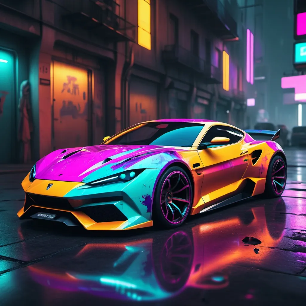 Prompt: cyberpunk image of a italian sports car with ultra bright and exotic colours  and design
