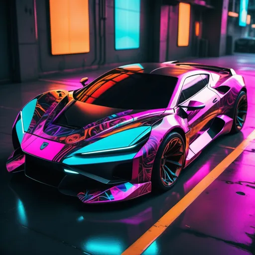 Prompt: cyberpunk image of a italian sports car with ultra bright and exotic colours  and design
