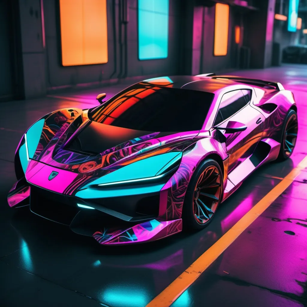 Prompt: cyberpunk image of a italian sports car with ultra bright and exotic colours  and design
