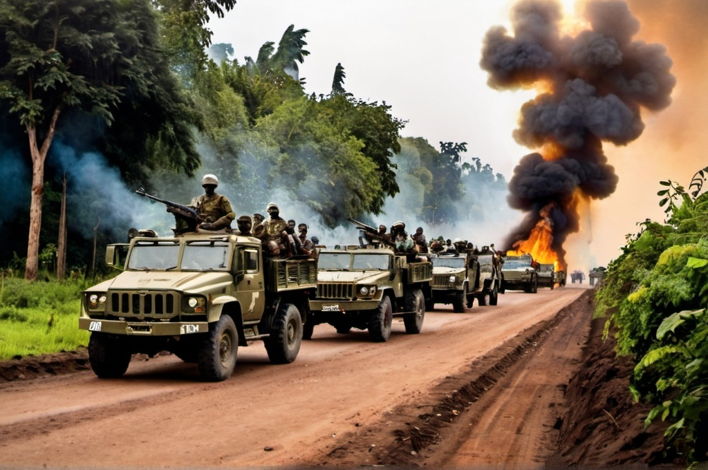 Prompt: In congo goma city's  large group of soldiers and military vehicles on a dirt road and more fire with trees and bushes in the background and a line of military vehicles, Dahlov Ipcar, unilalianism, award-winning photograph, a photo