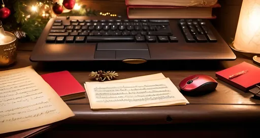 Prompt: (Santa's desktop), from eye level with the computer monitor , (wooden textures), elegant setup with old books, (red computer mouse), sleek and classic keyboard, scattered parchment papers with (handwritten notes), a warm and inviting glow enveloping the desk, rich browns and gold accents, cozy and festive atmosphere, ultra-detailed, high quality, serene and enchanting ambiance.