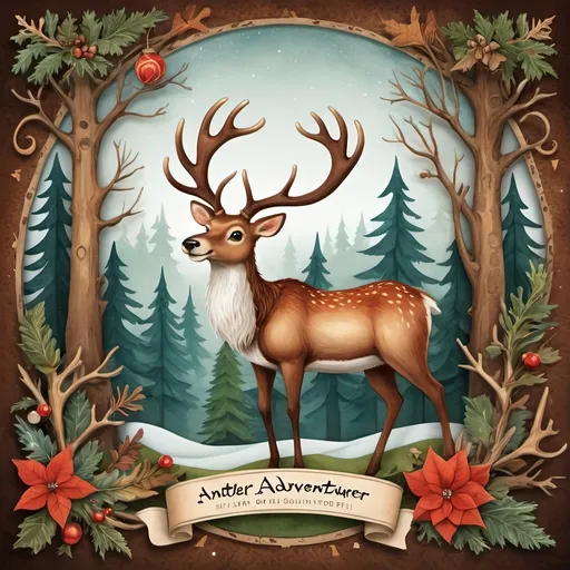 Prompt: (accurately spelled text "ANTLER ADVENTURER"), vibrant landscape certificate, whimsical design, (magical atmosphere), wood and paper elements, decorative borders, reindeer stable assets, warm earthy tones, playful fonts, charming illustrations of Santa's reindeer antlers and woodland creatures, highly detailed, enchanting backdrop of nature, unique texture for authenticity, captivating award that invokes adventure and fun, suitable for display.