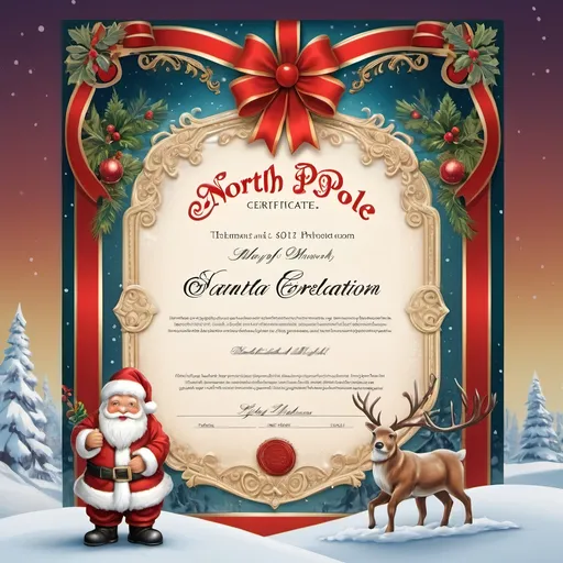 Prompt: photorealistic certificate, (North Pole theme), (Santa Claus congratulation), intricate calligraphy, decorative borders, snowy background, vivid colors, warm festive tones, high quality, letter-size art (8.5"x11"), joyful ambiance, ribbons and seals, magical holiday atmosphere, ultra-detailed design, celebration of kindness and cheer