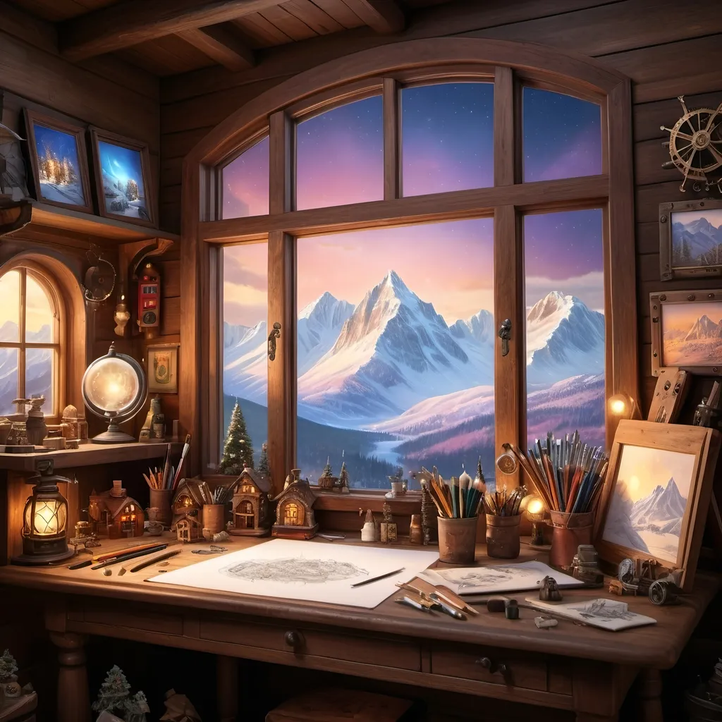 Prompt: photorealistic image of (Santa's small drawing studio), warm lighting, (timber interior) with (steampunk accents), large window showcasing breathtaking (snowcapped mountains), serene (aurora borealis) in the background, cozy atmosphere, intricate details, inviting décor, soft glow illuminating art supplies, whimsical elements scattered around, ultra-detailed, HD quality.